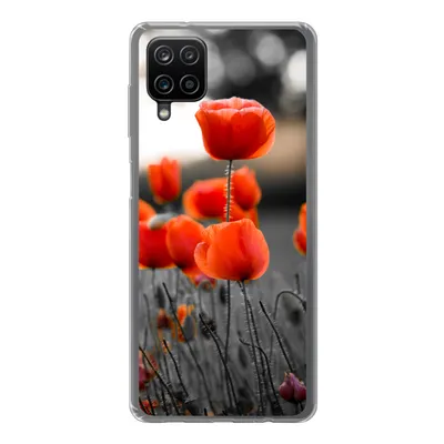 Produktbild von MuchoWow® Handyhülle Schutzhülle Hülle für Samsung Galaxy A12 Rote Mohnblumen vor schwarzem und weißem Hintergrund Silikon Softcase Handy Hülle - Bild