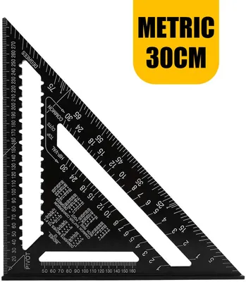 A black metal carpenter's square with measurements and markings.