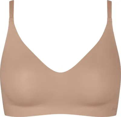 A beige bralette is shown against a white background.