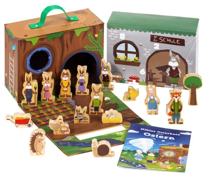 Produktbild von yoamo Osterkalender mit Spielkoffer mit 16 Holzfiguren & Osterhasengeschichte zum Vorlesen