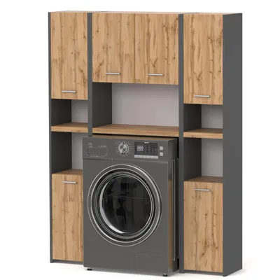 A laundry room cabinet set with a washing machine.
