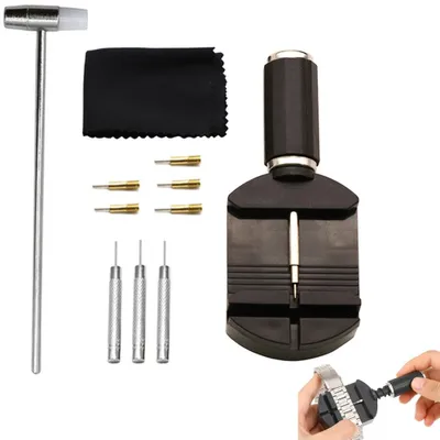 Immagine prodotto di Kit di riduzione per cinturini di orologio – 11 pezzi – Attrezzo per cinturini di orologio – Estrattore di perni e rimuovi maglie – Strumento di riparazione per cinturini in metallo – Nero