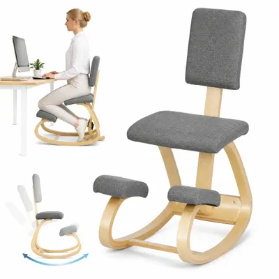 Produktbild von Ergonomischer Kniestuhl mit Rückenlehne, Kniehocker mit Schaukelfunktion, Birkenholz, Grau, 51 x 84 x 93 cm, bis 120 kg, für Homeoffice und Büro