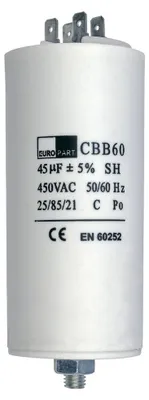 A white cylindrical capacitor with text and branding labels.