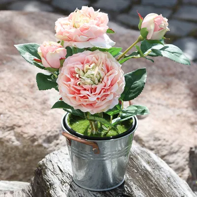 Produktbild von Deko-Rose im Topf - Romantische Seidenblumen, Rosa Pfingstrose, Kunstblumenarrangement