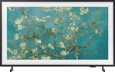 A television displaying a painting of a flowering tree against a teal background.
