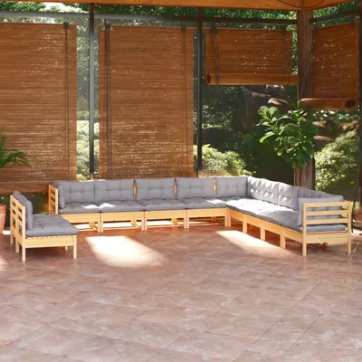 Produktbild von Möbel 11-tlg. Garten-Lounge-Set mit Grauen Kissen Massivholz Kiefer - Balkonmöbel 3096850