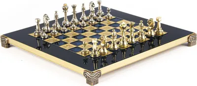 Produktbild von Klassisches Metallschach mit königlichen Figuren und blauem Brett