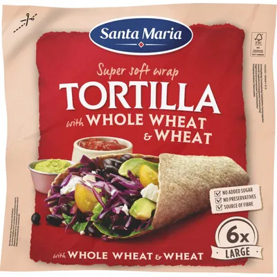 Obrázek produktu pro Santa Maria Tortilla Wraps celozrnné 6x velké, 371 g – Zdravé pšeničné tortilly