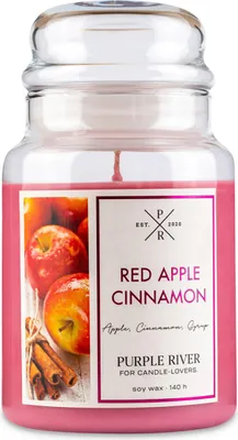 Obrázok produktu pre Vonná sviečka Purple River Red Apple Cinnamon, ručne liata, sójový vosk, 623 g, doba horenia 140 hodín, sklenený pohár, 2 bavlnené knôty