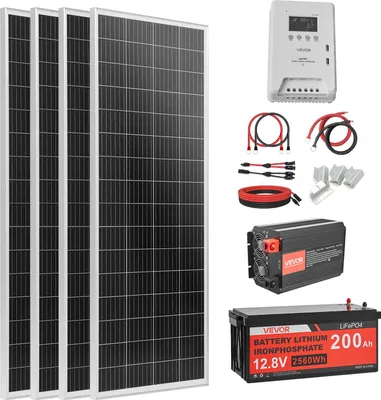 Obrázek produktu pro Kompletní solární systém VEVOR 400W, off-grid systém, včetně: 4x 100W monokrystalických solárních panelů, 12,8V 200Ah LiFePO4 baterie, 40A MPPT regulátoru nabíjení a 12V 2000W měniče, fotovoltaický off-grid systém pro domácnost