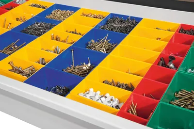 Produktbild von Kunststoff-Kastensortiment, 44 Kästen in 4 verschiedenen Größen, passend zu Schwerlastschränke BxT 930x500/600 mm