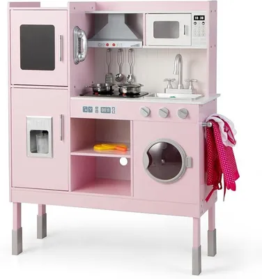 Produktbild von Höhenverstellbare Kinderküche mit Licht und Sound, Spielküche aus Holz mit Zubehör, Kinderspielküche mit Spüle Herd Backofen, Holzküche Spielzeugküche für Kinder ab 3 Jahren, rosa (Groß)
