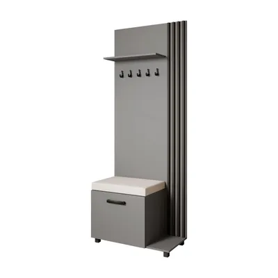 Produktbild von Garderobenschrank LIVIA Rechts Graphit – Garderobe mit Kleiderhaken, Schuhschrank, schwarze Lamellen, hellbeiges Sitzkissen, Hochschrank, Flurmöbel