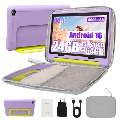 Produktbild von Kinder Tablet 10 Zoll, 24 GB RAM, 64 GB ROM, 6000 mAh, Android 16, Kindersicherung, mit Tragetasche