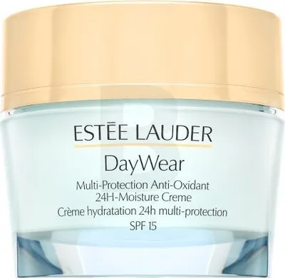 A close-up studio shot of an Estee Lauder DayWear Multi-Protection Anti-Oxidant 24H-Moisture Creme jar with SPF 15.