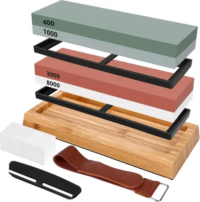 Immagine prodotto di Set di pietre per affilare - Pietra ad acqua per affilare coltelli - Grana 400/1000/3000/8000 - Corindone bianco - Base antiscivolo in bambù - Multicolore