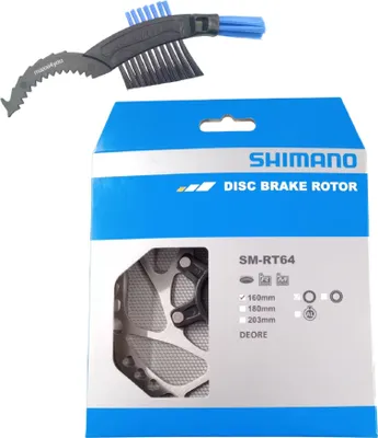 Produktbild von Shimano Fahrrad Bremsscheibe SM-RT64 160mm in Silber-Schwarz inkl. maxxi4you Fahrrad Kettenbürste
