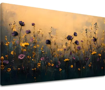 Obrázek produktu pro Večerní louka – obraz na plátně do ložnice 120x80 cm, ručně dotažený, zlaté plátky | Papilora