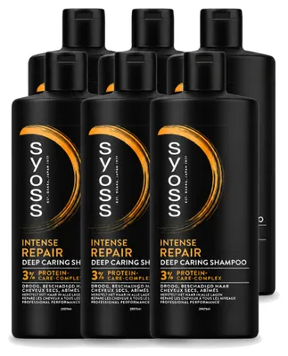 Imagen del producto de 6 botellas de champú reparador Syoss para cabello seco y dañado, 440 ml cada una. Paquete económico de 6 unidades