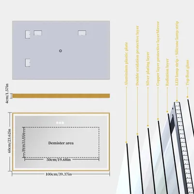 Immagine prodotto di Specchio da bagno a LED - Specchio da parete rettangolare per il trucco - 100x60 cm - Illuminazione frontale dimmerabile, 3 colori - Antiappannamento - Cornice dorata