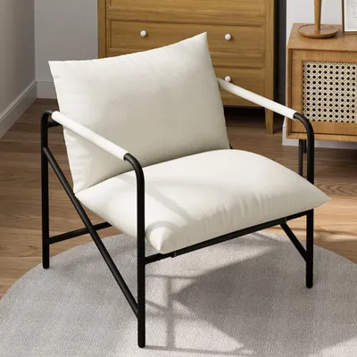 Obrázek produktu pro Křeslo, designové vintage křeslo, extra velké obývací křeslo s kovovou konstrukcí, ložnicové křeslo s odnímatelným polštářem, béžové