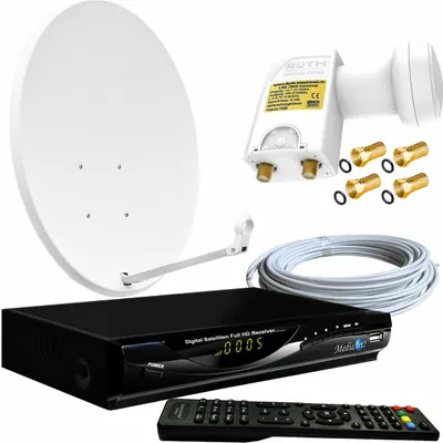 Produktbild von 2-Teinehmer Sat-Anlage 80cm Schüssel Spiegel, Twin LNB FULL HD 0,1dB, Sat-Receiver MEDIAART 1080P Full HD 2x USB, Kabel, F-Stecker, vorprogrammiert Astra 19°E Deutsch