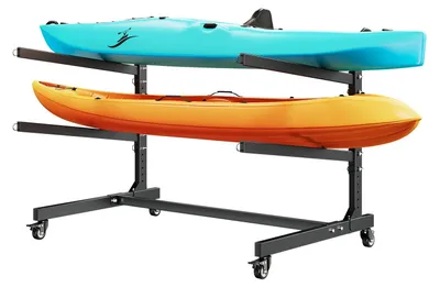 Obrázek produktu pro Stojan na kajaky – Samostatně stojící úložný regál, 2-místný – Pro kajaky/kánoe/surfová prkna/SUP/paddleboardy – S brzditelnými kolečky – Nosnost 80 kg – Pro vnitřní i venkovní použití – Nastavitelný