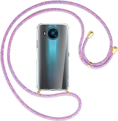 Produktbild von Handykette Backcover-Schutzhülle mit Band (Metall goldfarben) für Nokia 8.3 5G - lila/rosa/blau