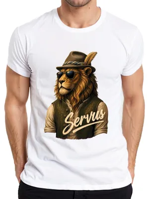 Imagen del producto de Camiseta para hombre, diseño "Servus Löwe Bayern Tracht Sonnenbrille Lederhose", color blanco, talla M