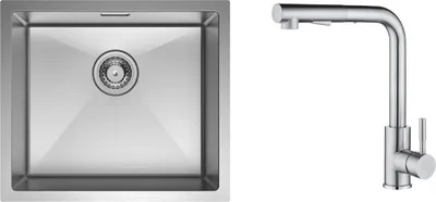 Produktbild von CECIPA Handgefertigte Unterbau-Küchenspüle aus Edelstahl, 50 x 44 cm, Gebürsteter + Ausziehbarer Hochdruck-Küchenarmatur, Gebürsteter