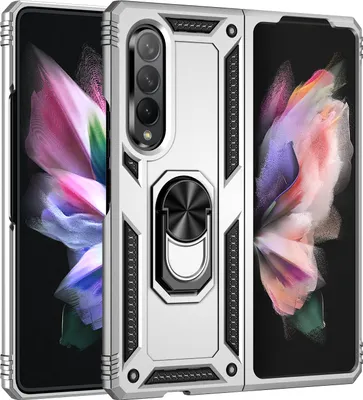 Produktbild von Samsung Galaxy Z Fold3 2021 Hülle, Dual Layer Militäre Fallschutz Schutzhülle mit Ringhalterung Ständer für Samsung Galaxy Z Fold 3 5G Silber