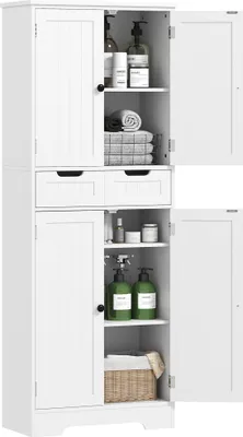 Image de HOMCOM Meuble de salle de bain, meuble de rangement avec tiroir, placard à portes, étagère réglable, armoire de salle de bain, cuisine, salon, 60 x 30 x 160 cm, blanc
