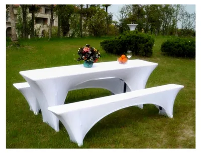 Produktbild von Bierzeltgarnitur Hussen Set 3-teilig aus Polyester - Stretch Hussen für Bierbank und Biertisch - Festzeltgarnitur mit 1 Biertischbezug 220x50x70cm und 2 Bierbankbezügen 220x25x45cm - Weiß