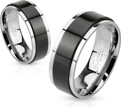 Produktbild von Herren Damen Edelstahl Ring Drehring Spinner Spinning Schwarz Gold Blau IP schwarz-silber 49 - Ø 15,70 mm 6 mm