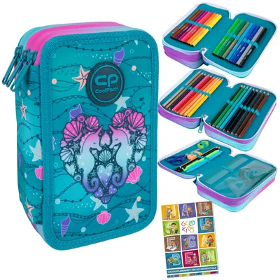 Produktbild von Goldkids - Federmäppchen 3 Fächer - Mäppchen für für Mädchen und Jungen - Federmappe 3-Fach Federtasche und Hausaufgabenheft - Seafish Motiv