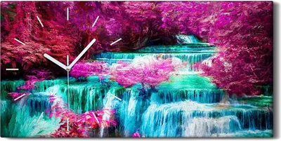 Produktbild von Dekor Leinwand Uhr Wandbilder Geräuschlos 60x30 Malerei Bäume Wasserfall - weiße Hände