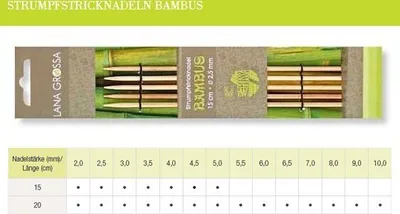 The image shows the packaging of knitting needles, with a size chart below.