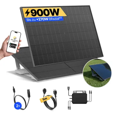 Produktbild von Balkonkraftwerk 900W Solaranlage mit Garten Halterung Steckerfertig Komplettset Photovoltaik Anlage 800W, Kabellänge: 5m, Solakon - onLite