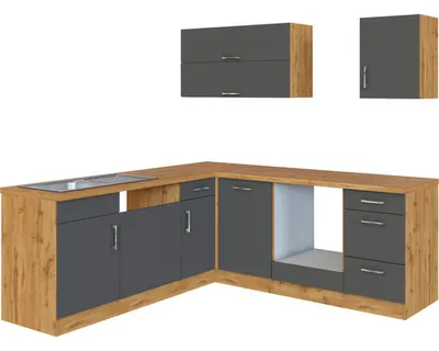 A modular kitchen unit with dark gray cabinets and a wood-grain countertop and frame, shown against a white background.