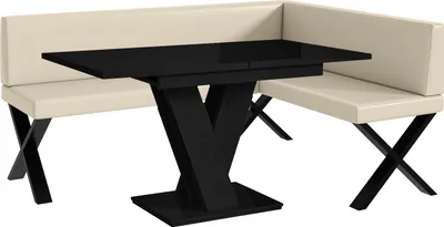 Produktbild von MEBLINI Eckbank für Esszimmer mit ausziehbarem Tisch  - Küchenbank - Essecke - Sitzecke Küche - TONI - X-Beine 128x168x87cm Rechts - Creme Kunstleder/M Schwarz Hochgl.