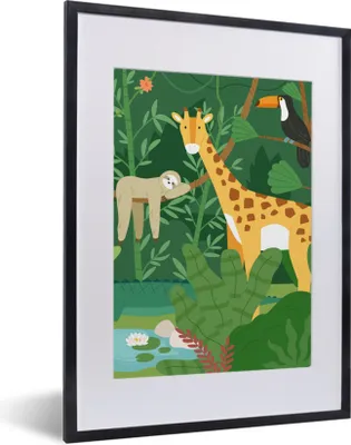 Produktbild von MuchoWow® Gerahmtes Poster Dschungel - Giraffe - Tukan - Faultier 30x40 cm - Poster mit Schwarzem Bilderrahmen Wandposter Rahmen Foto Bilder - Wandposter Schlafzimmer