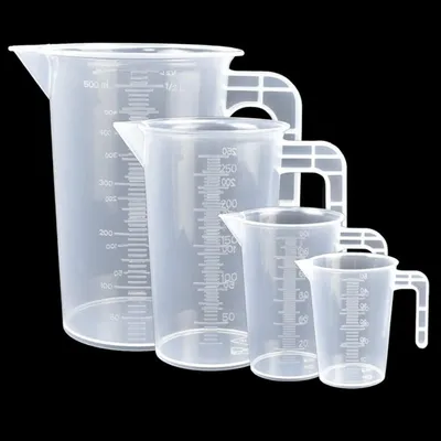 Obrázek produktu pro Sada odměrných kelímků z plastu, 50 ml, 100 ml, 250 ml, 500 ml, průhledné, odolné vůči teplu, s rukojetí