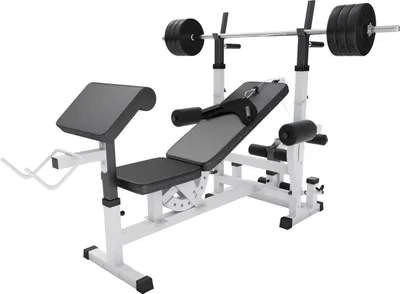 Produktbild von GORILLA SPORTS® Kraftstation mit Langhantel - 170 cm Hantelstange, 40 kg Hantelset, Beincurler, Butterfly, Dip-station, Curlpult, Weiß