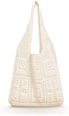 Produktbild von Ibenzoa® Beige gehäkelte Boho-Strandtasche für Damen – große, faltbare Strand- & Alltagstasche mit atmungsaktiver Mesh-Struktur