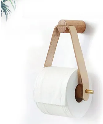 Obrázek produktu pro Držák na toaletní papír, dřevěný držák na toaletní papír, retro nástěnný držák na roli, kuchyně, koupelna, toaleta, severský styl, bukové dřevo, měděná rukojeť, kůže (bílá)