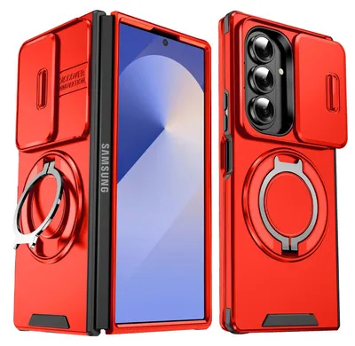 Produktbild von Handyhülle für Samsung Galaxy Z Fold7 Dual-Layer Stoßfest Militär Hülle mit Dia Kameraschutz, Magnetisch Ring Ständer Rot