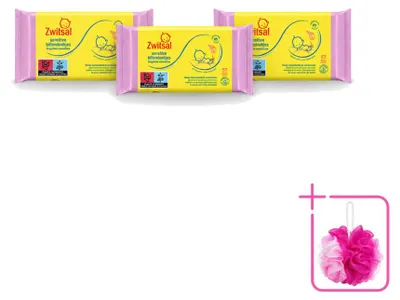 Imagen del producto de 3 paquetes de toallitas húmedas Zwitsal Baby, formuladas para pieles sensibles, con 57 unidades cada uno. Paquete económico