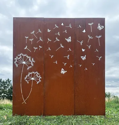 Produktbild von Edelrost 3er Sichtschutz Motiv Pusteblume mit Samen und Schmetterling 165 cm x 150 cm Paravent zum Stecken Schild Gartenstecker Edelrost Gartendeko