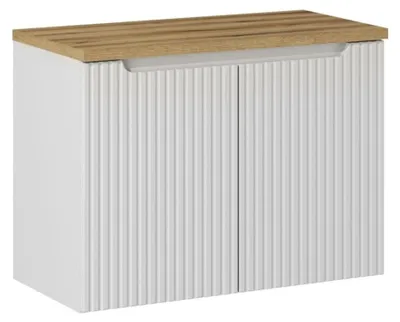 Immagine prodotto di Set da bagno VANO bianco 80cm: mobile sotto lavabo con armadietti scanalati + piano per lavabo in aspetto rovere chiaro